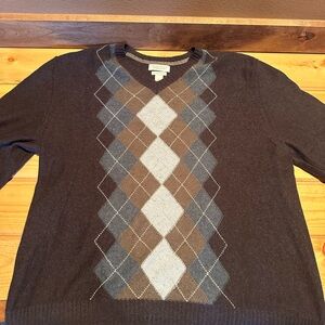 Banana Republic Men's V-Neck Sweater - Brown and Blue Argyle
